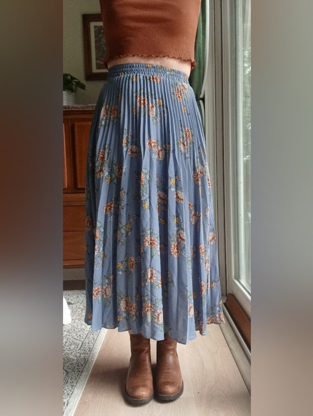 Max Studio Blue Floral Pleated Midi Skirt with Orange Accents